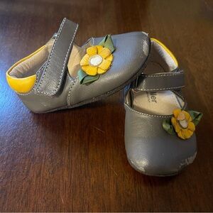 Gray Baby Shoes with Yellow Flower Accent